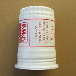Mustang Auto Parts FUEL FILTER CANISTER WHITE WITH CORRECT RED LETTERING